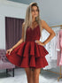 A Line V Neck Red Satin Homecoming Dress with Appliques LBQH0079